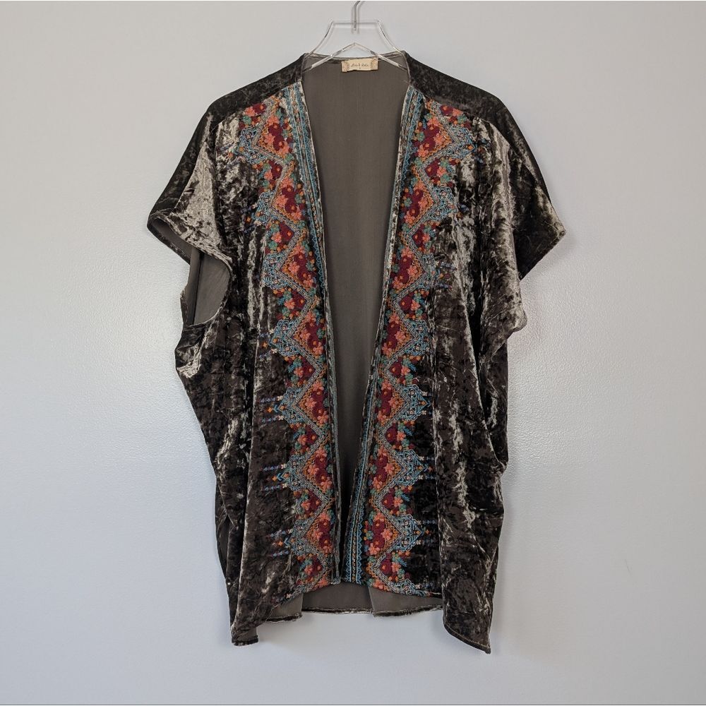 Altar'd State Crushed Velvet Open Front Brown Embroidered Cardigan Small